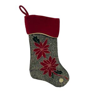 Christmas Stocking Velvet w/ sequins & Poinsettias Green Red Gold